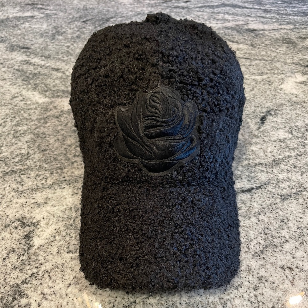 New Custom Designed Black Teddy Baseball Cap with Black Rose, Adjustable.
